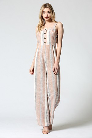 LINEN STRIPE JUMPSUIT/FRONT BU ...